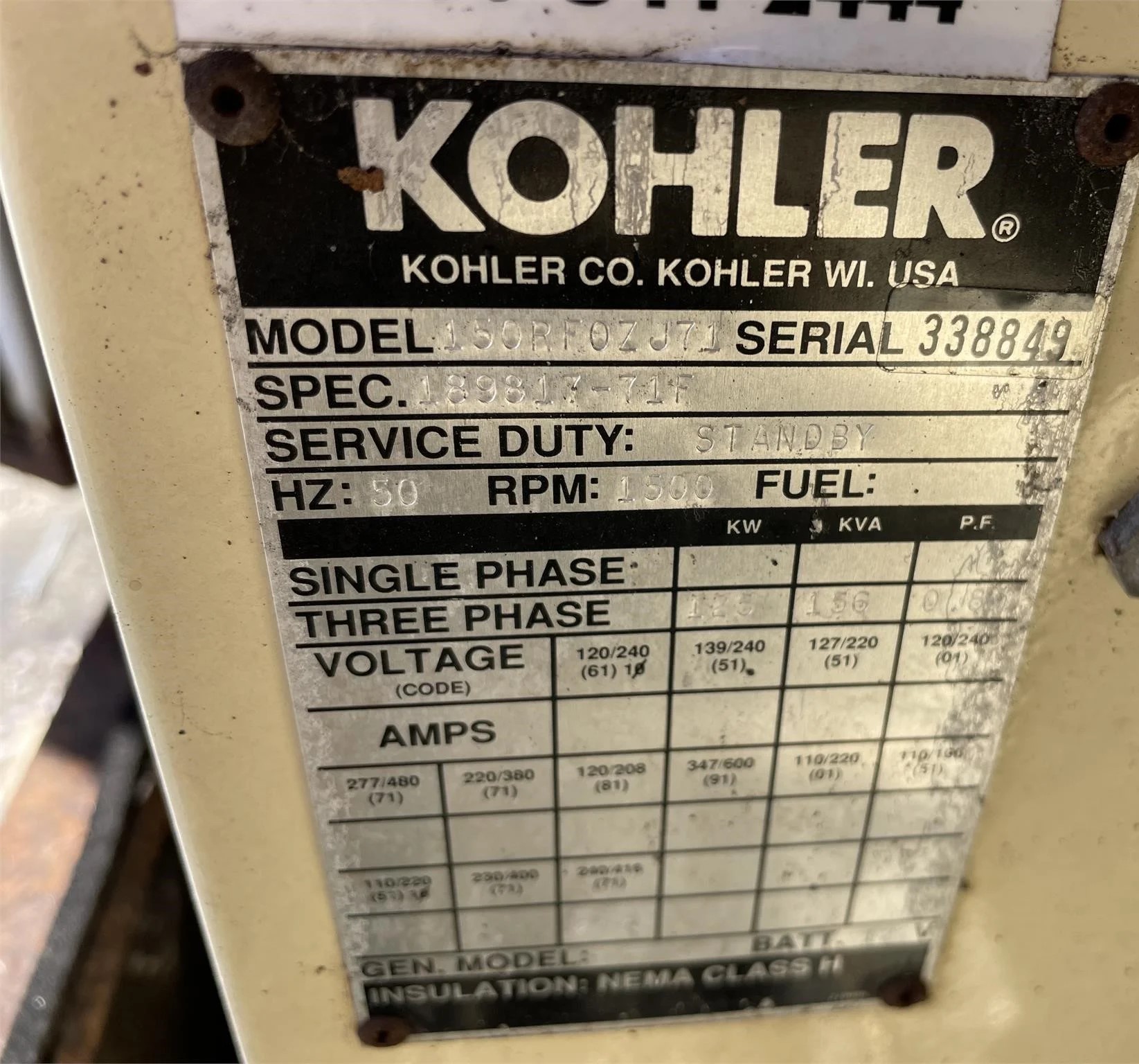 GENERADOR KOHLER 150RF0ZJ71